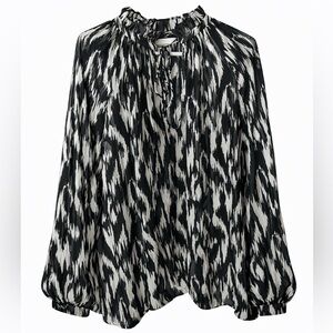 H&M Abstract Print Blouse Large Black White High Neck Tie Long Sleeve Top